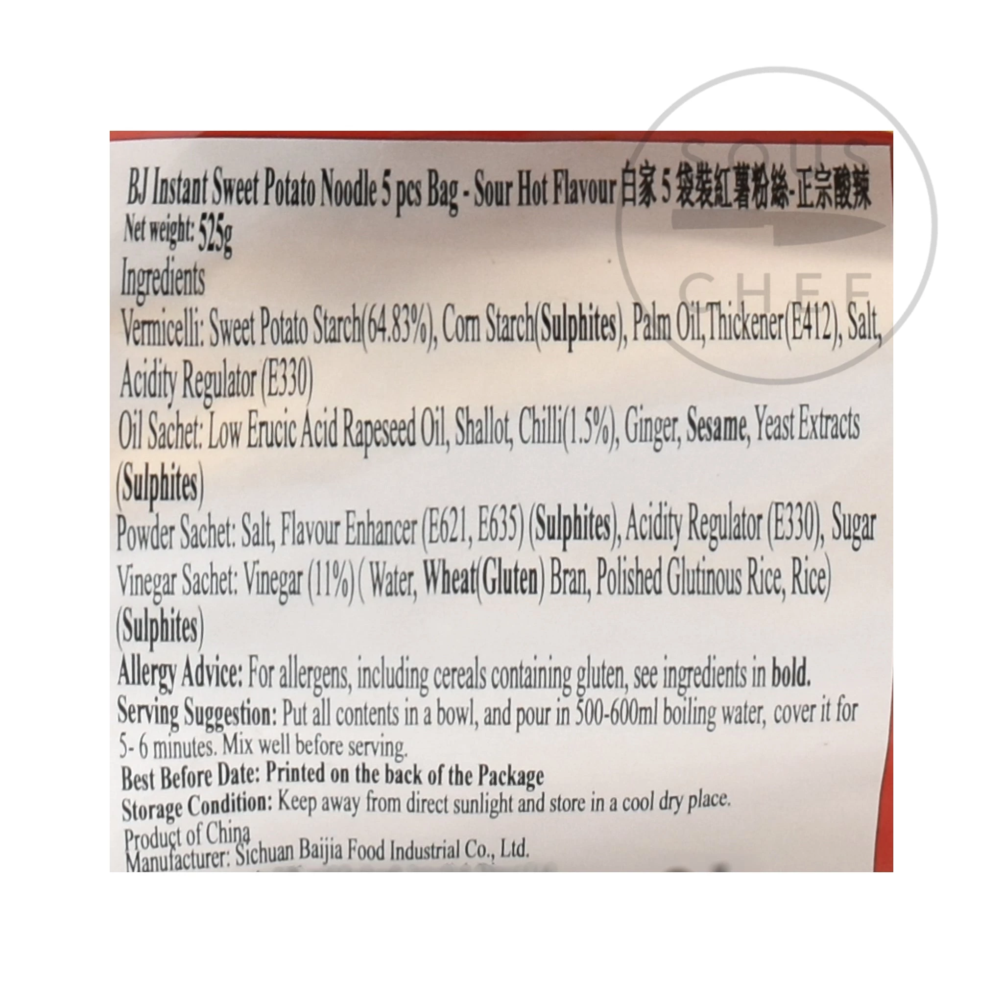 BJ Instant Potato Vermicelli Noodles - Sour Hot 5 Confezioni 525g Ingredienti 4 BJ Instant Potato Vermicelli Noodles - Sour Hot 5 Confezioni 525g Ingredienti - immagine 2