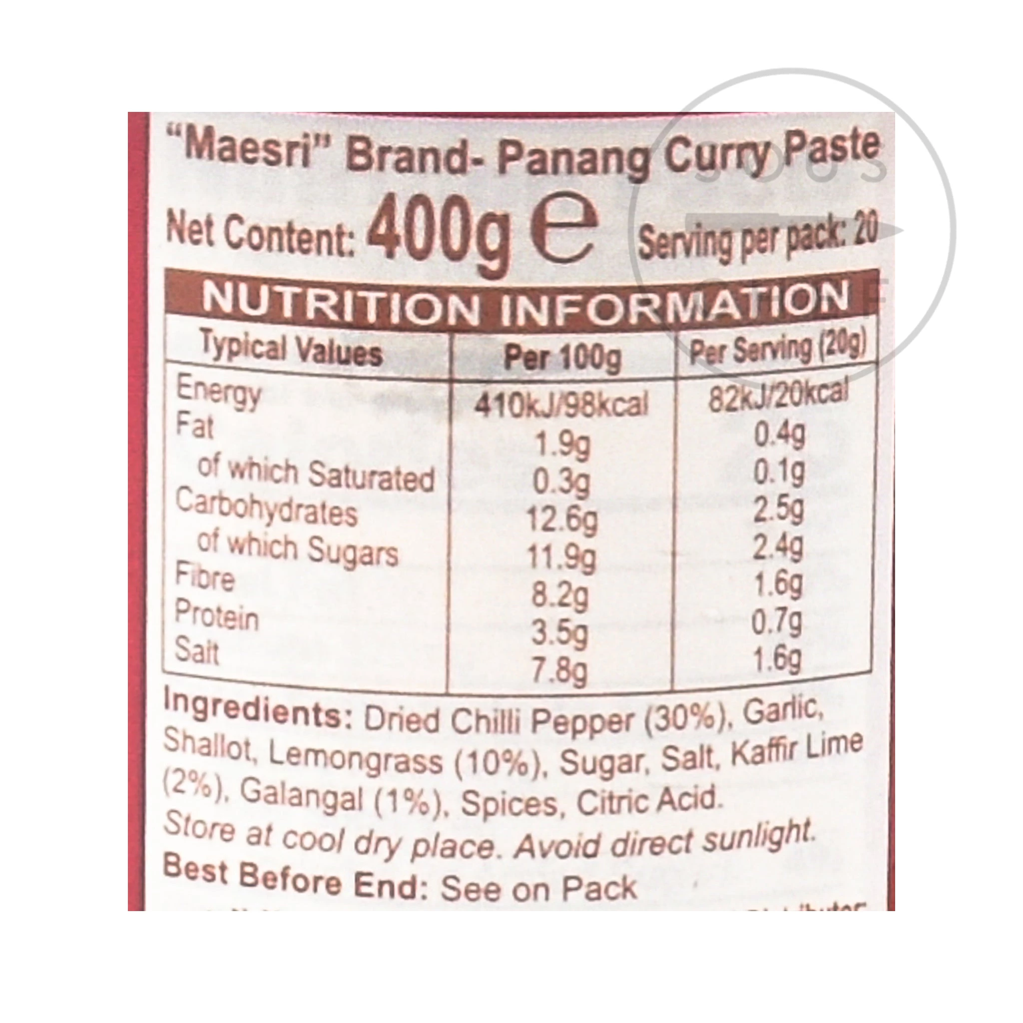 Mae Sri Thai Panang Curry Paste 400g Ingredienti 4 Mae Sri Thai Panang Curry Paste 400g Ingredienti - immagine 2